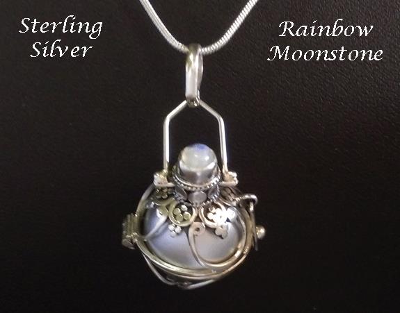 Harmony Ball Necklace, Sterling Silver, Rainbow Moonstone Gem - Click Image to Close